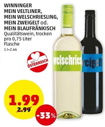 PENNY Winninger Mein Veltliner, Mein Welschriesling,Mein Blaufränkisch 0.75 Liter Angebot