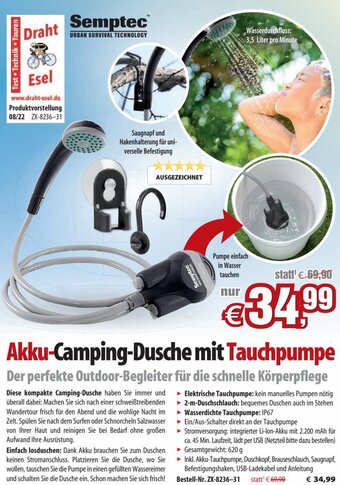 Pearl Akku-Camping-Dusche mit Tauchpumpe Angebot