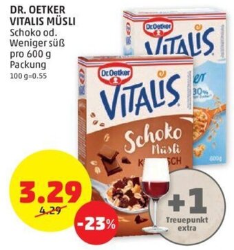 PENNY DR. OETKER VITALIS MÜSLI Schoko od. Weniger süß pro 600 g Packung Angebot