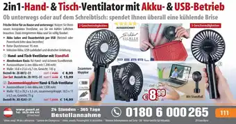 Pearl 2in1-Hand- & Tisch-Ventilator mit Akku- & USB-Betrieb Angebot