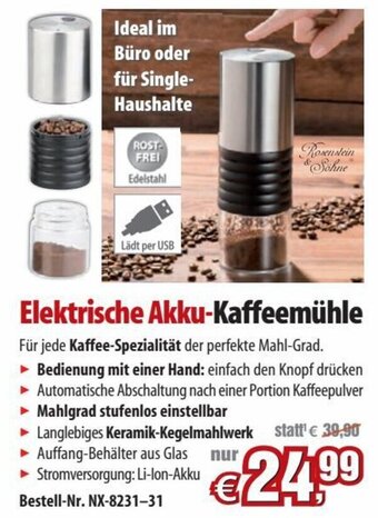 Pearl Elektrische Akku-Kaffeemühle Angebot