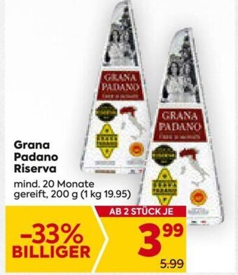 Billa Grana Padano Riserva mind. 20 Monate gereift, 200 g Angebot
