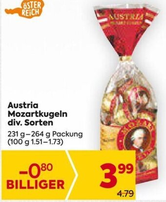 Billa Austria Mozartkugeln div. Sorten 231 g-264 g Packung Angebot