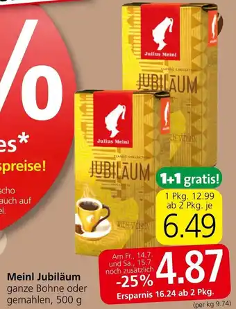 Spar Meinl Jubiläum ganze Bohne oder gemahlen, 500 g Angebot