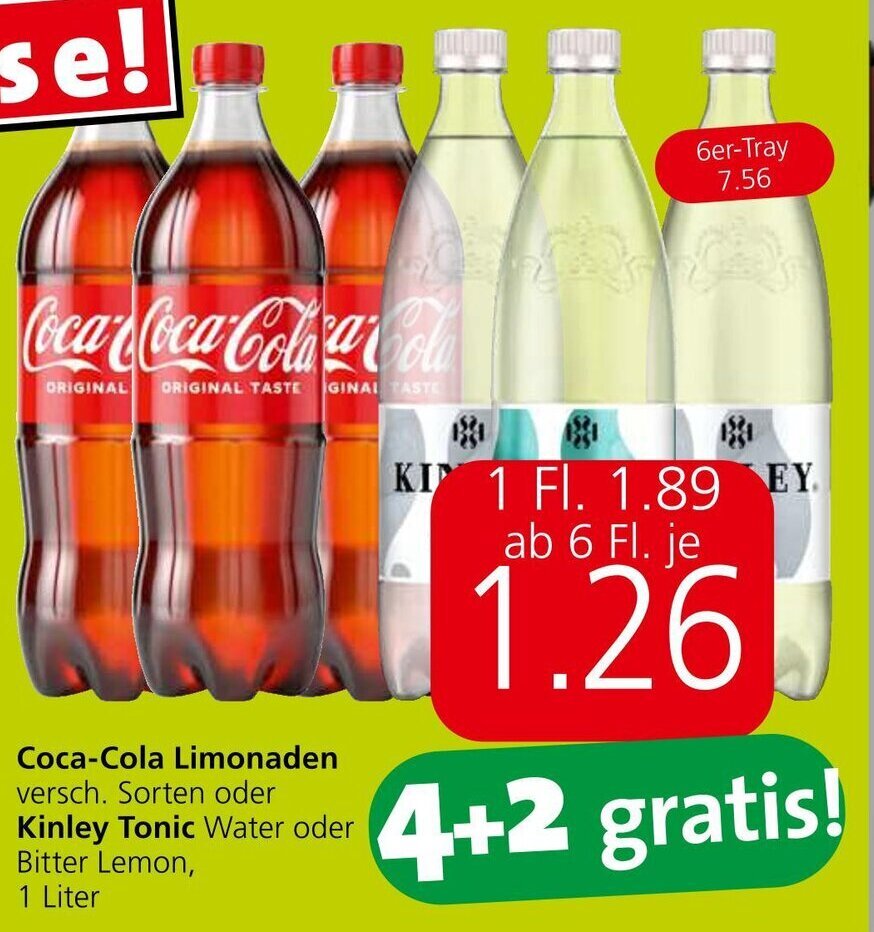 CocaCola Limonaden versch. Sorten oder Kinley Tonic Water oder Bitter