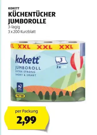 Hofer KOKETT KÜCHENTÜCHER JUMBOROLLE 3-lagig 3 x 200 Kurzblatt Angebot