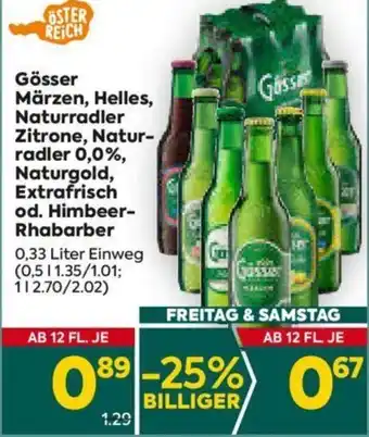 Billa Gösser Märzen, Helles, Naturradler Zitrone, Natur-radler 0,0%, Naturgold, Extrafrisch od. Himbeer-Rhabarber 0,33 Liter Einweg Angebot