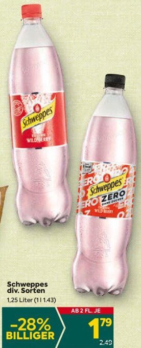 Billa Schweppes div. Sorten 1,25 Liter Angebot