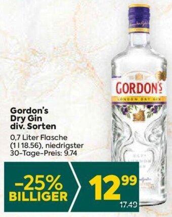 Billa Gordon's Dry Gin div. Sorten 0,7 Liter Flasche Angebot