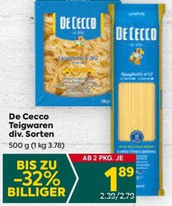 Billa De Cecco Teigwaren div. Sorten 500 g Angebot