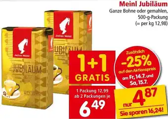 Interspar Meinl Jubiläum Ganze Bohne oder gemahlen, 500-g-Packung Angebot