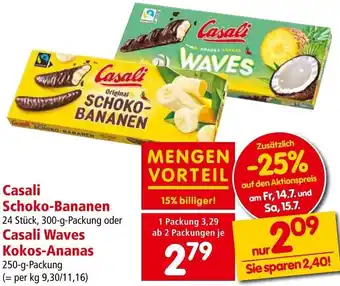 Interspar Casali Schoko-Bananen 24 Stück, 300-g-Packung oder Casali Waves Kokos-Ananas 250-g-Packung Angebot
