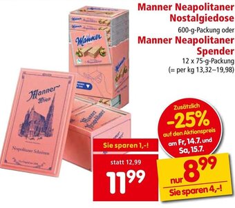 Interspar Manner Neapolitaner Nostalgiedose 600-g-Packung oder Manner Neapolitaner Spender 12 x 75-g-Packung Angebot