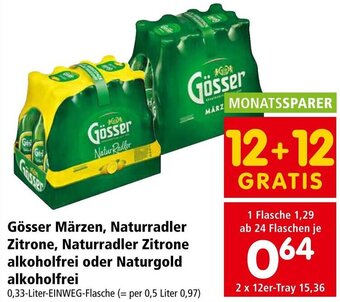 Interspar Gösser Märzen, Naturradler Zitrone, Naturradler Zitrone alkoholfrei oder Naturgold alkoholfrei 0,33-Liter-EINWEG-Flasche Angebot