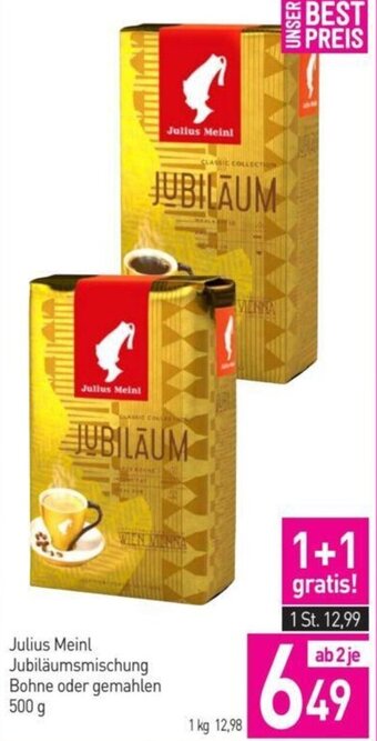 Sutterlüty Julius Meinl Jubiläumsmischung Bohne oder gemahlen 500 g Angebot