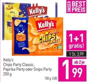 Sutterlüty Kelly's Chips Party Classic, Paprika Party oder Snips Party 250 g Angebot