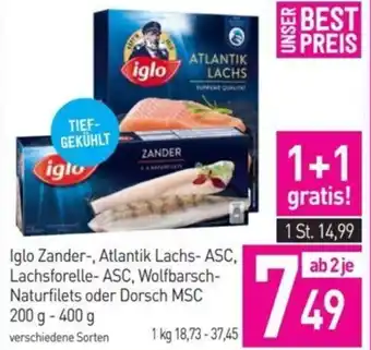 Sutterlüty Iglo Zander-, Atlantik Lachs- ASC, Lachsforelle-ASC, Wolfbarsch-Naturfilets oder Dorsch MSC 200 g- 400 g Angebot