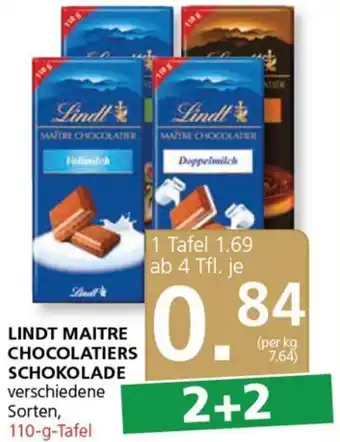 SPAR Gourmet LINDT MAITRE CHOCOLATIERS SCHOKOLADE verschiedene Sorten, 110-g-Tafel Angebot