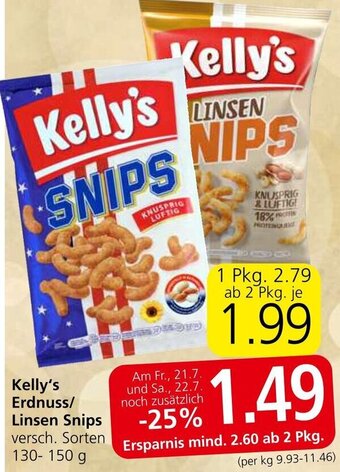 Spar Kelly's Erdnuss/ Linsen Snips versch. Sorten 130-150 g Angebot