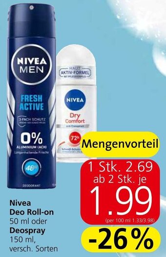 Spar Nivea Deo Roll-on 50 ml oder Deospray 150 ml, versch. Sorten Angebot