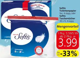 Spar Softis Toilettenpapier 9er, 4-lagig oder Softis Taschentücher 30 x 9, 4-lagig Angebot