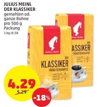 PENNY JULIUS MEINL DER KLASSIKER gemahlen od. ganze Bohne pro 500 g Packung Angebot