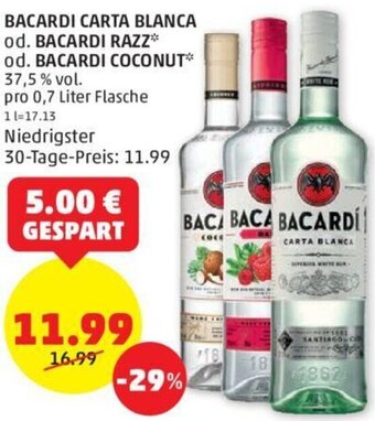 PENNY BACARDI CARTA BLANCA od. BACARDI RAZZ* od. BACARDI COCONUT* pro 0,7 Liter Flasche Angebot