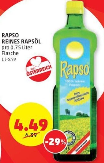 PENNY RAPSO REINES RAPSÖL pro 0,75 Liter Flasche Angebot