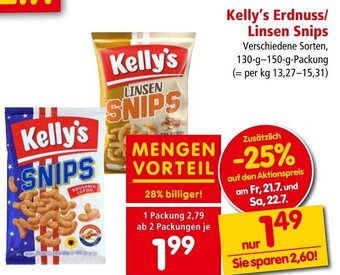 Interspar Kelly's Erdnuss/ Linsen Snips Verschiedene Sorten, 130-g-150-g-Packung Angebot