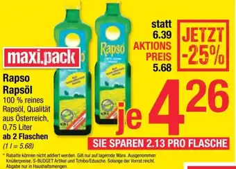 Maximarkt Rapso Rapsöl 100% reines Rapsöl, Qualität aus Österreich, 0,75 Liter Angebot