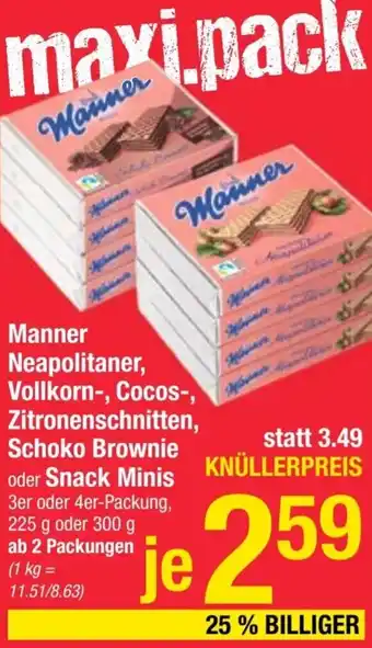 Maximarkt Manner Neapolitaner, Vollkorn-, Cocos-, Zitronenschnitten, Schoko Brownie oder Snack Minis 3er oder 4er-Packung Angebot