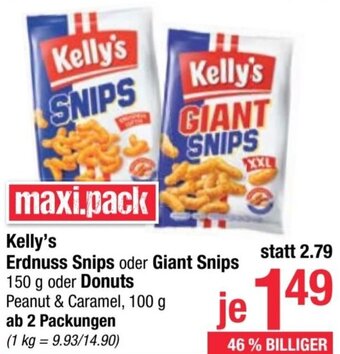 Maximarkt Kelly's Erdnuss Snips oder Giant Snips 150 g oder Donuts Peanut & Caramel, 100 g Angebot