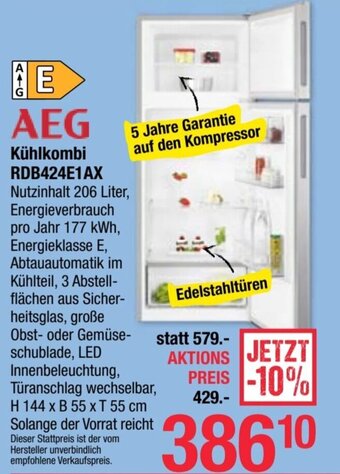 Maximarkt AEG Kühlkombi RDB424E1AX Angebot