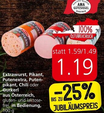 Eurospar Extrawurst, Pikant, Putenextra, Puten-pikant, Chili oder Gurkerl 100 g Angebot