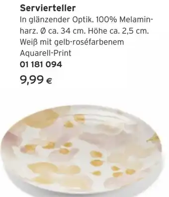Tchibo Eduscho Servierteller In glänzender Optik. 100% Melamin-harz. Ø ca. 34 cm. Höhe ca. 2,5 cm. Weiß mit gelb-roséfarbenem Aquarell-Print Angebot
