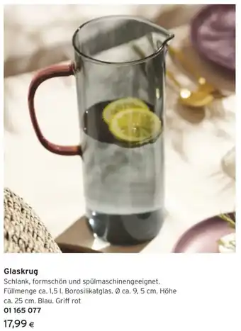 Tchibo Eduscho Glaskrug Füllmenge ca. 1,5 l. Borosilikatglas. Ø ca. 9,5 cm. Höhe ca. 25 cm. Blau. Griff rot Angebot