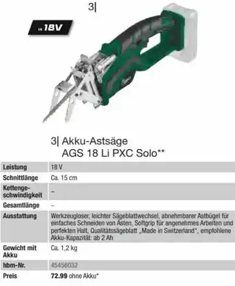 Hagebau Akku-Astsäge AGS 18 Li PXC Solo** Ca. 15 cm Angebot