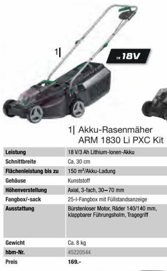 Hagebau Akku-Rasenmäher ARM 1830 Li PXC Kit Angebot