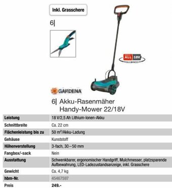 Hagebau Akku-Rasenmäher Handy-Mower 22/18V 18 V/2,5 Ah Lithium-Ionen-Akku Angebot