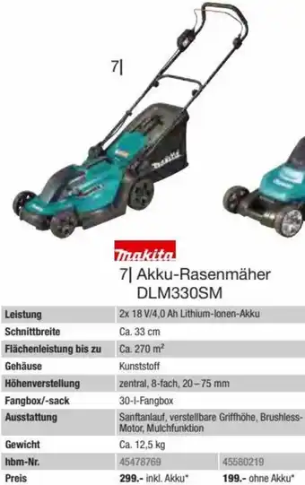 Hagebau makita Akku-Rasenmäher DLM330SM 2x 18 V/4,0 Ah Lithium-Ionen-Akku Ca. 33 cm Angebot