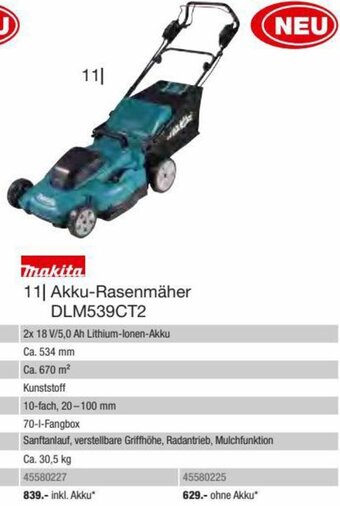 Hagebau makita Akku-Rasenmäher DLM539CT2 2x 18 V/5,0 Ah Lithium-Ionen-Akku Angebot