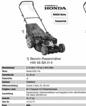 Hagebau HONDA Benzin-Rasenmäher HW 46 BA H-4 2,75 KW/3,7 PS bei 2.900 U/Min. Angebot