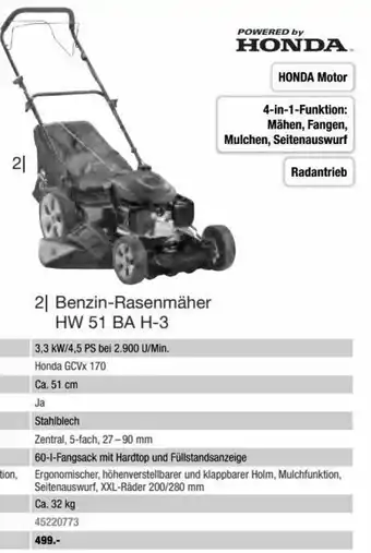 Hagebau HONDA Benzin-Rasenmäher HW 51 BA H-3 Angebot