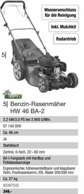 Hagebau Mr. Gardener Benzin-Rasenmäher HW 46 BA-2 Angebot