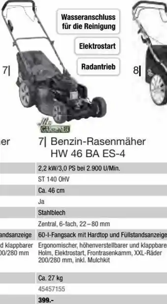 Hagebau Mr. Gardener Benzin-Rasenmäher HW 46 BA ES-4 Angebot