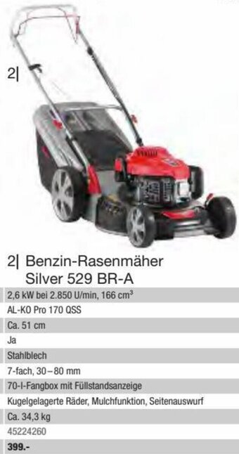 Hagebau AL-KO  Benzin-Rasenmäher Silver 529 BR-A 2,6 KW bei 2.850 U/min, 166 cm³ Angebot
