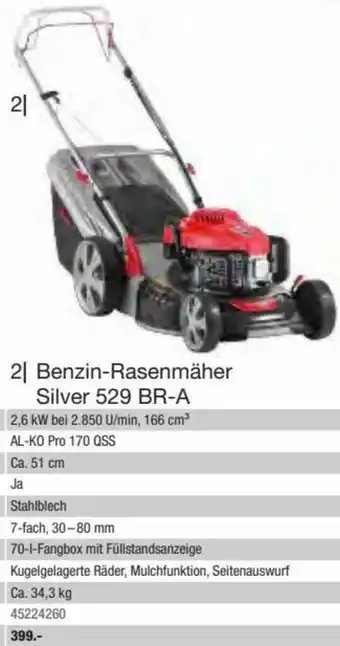 Hagebau AL-KO Benzin-Rasenmäher Silver 529 BR-A 2,6 KW bei 2.850 U/min, 166 cm³ Angebot
