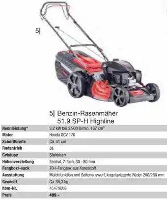 Hagebau AL-KO Benzin-Rasenmäher 51.9 SP-H Highline 3,2 kW bei 2.900 U/min, 167 cm³ Angebot