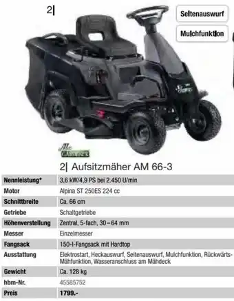 Hagebau Aufsitzmäher AM 66-3 3,6 kW/4,9 PS bei 2.450 U/min Angebot
