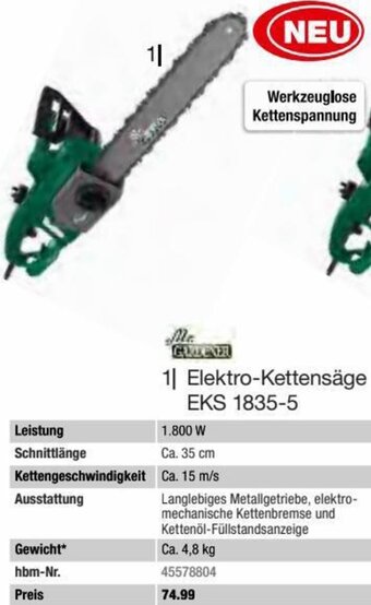 Hagebau Mr. Gardener Elektro-Kettensäge EKS 1835-5 Angebot